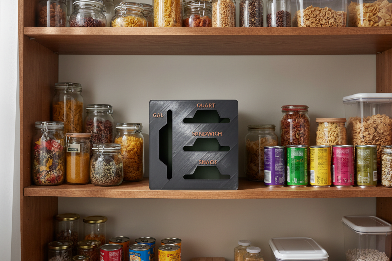 Black plastic container with cutouts labeled 'GAL', 'QUART', 'SANDWICH', and 'SNACK' on a Black background.