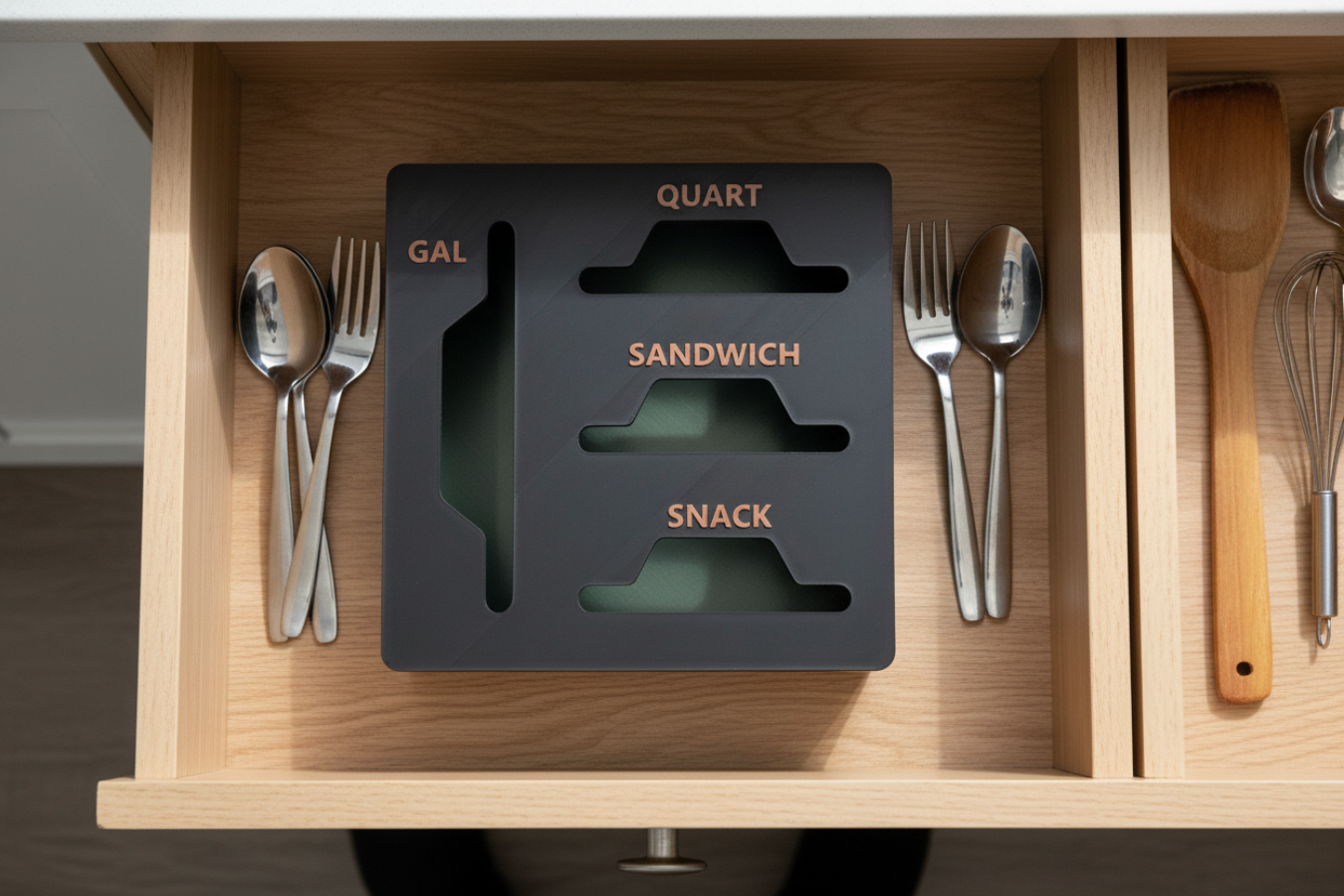 Black plastic container with cutouts labeled 'GAL', 'QUART', 'SANDWICH', and 'SNACK' .